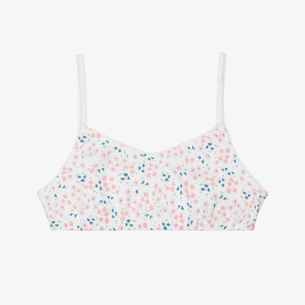 Petit Bateau-Girls Pink & Ivory Floral Cotton Jersey Bra Tops (2 Pack) | Childrensalon