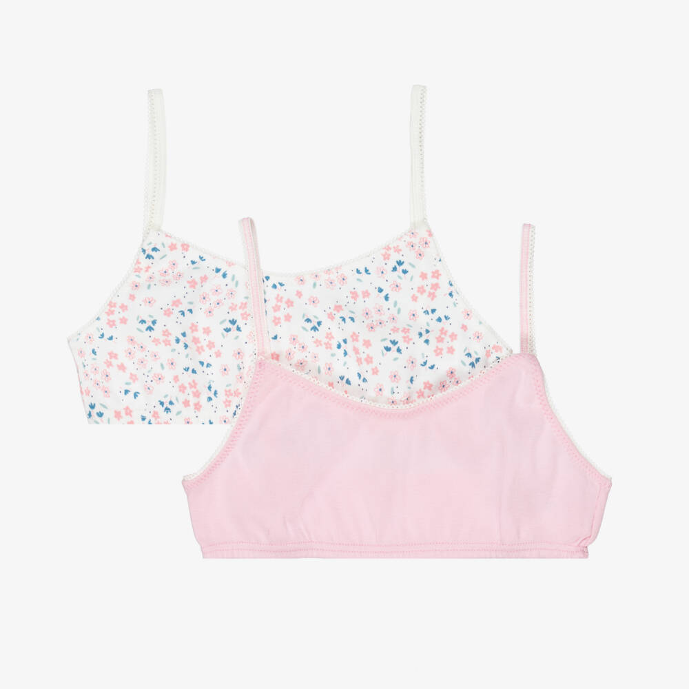 Petit Bateau-Girls Pink & Ivory Floral Cotton Jersey Bra Tops (2 Pack) | Childrensalon