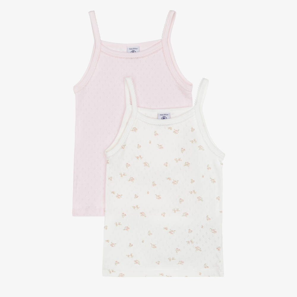 Petit Bateau-Girls Pink & Ivory Floral Cotton Jersey Vests (2 Pack) | Childrensalon