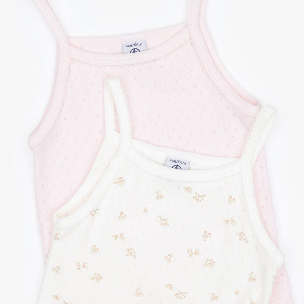 Petit Bateau-Girls Pink & Ivory Floral Cotton Jersey Vests (2 Pack) | Childrensalon