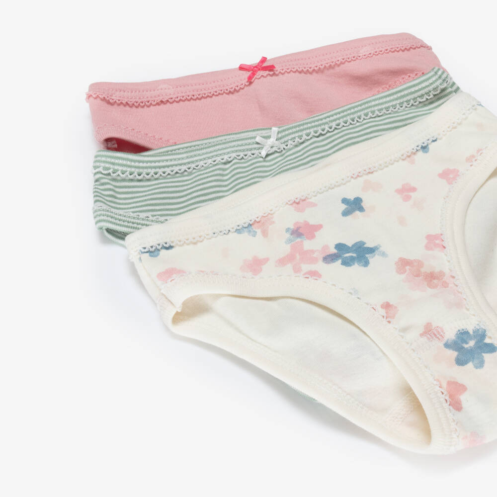 Petit Bateau-Girls Pink & Ivory Floral Cotton Knickers (3 Pack) | Childrensalon