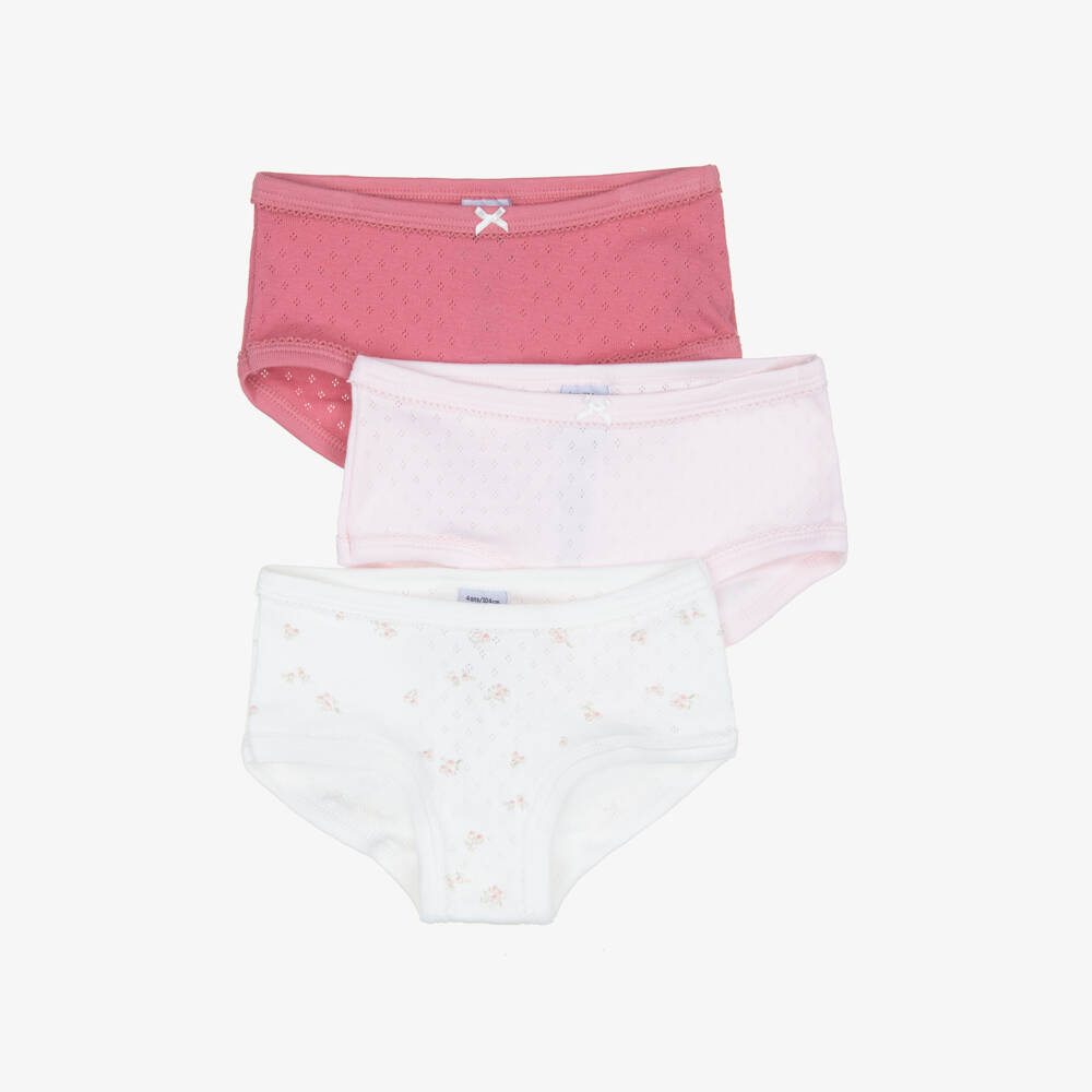 Petit Bateau-Girls Pink & Ivory Floral Cotton Knickers (3 Pack) | Childrensalon
