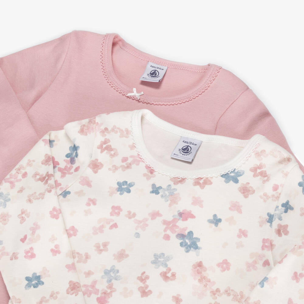 Petit Bateau-Girls Pink & Ivory Floral Cotton Tops (2 Pack) | Childrensalon