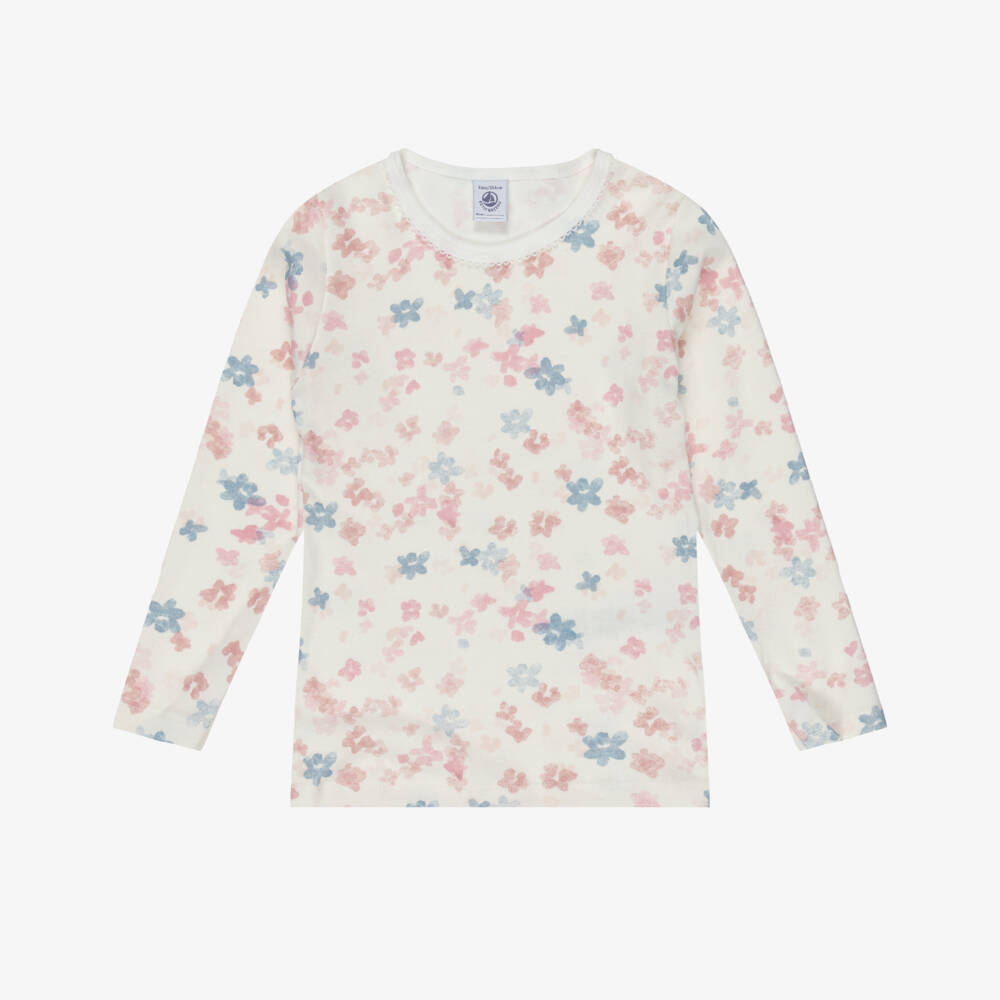 Petit Bateau-Girls Pink & Ivory Floral Cotton Tops (2 Pack) | Childrensalon