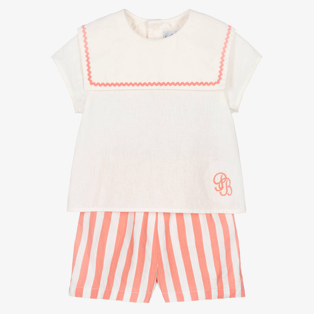 Petit Bateau-Girls Pink & Ivory Striped Cotton Shorts Set | Childrensalon