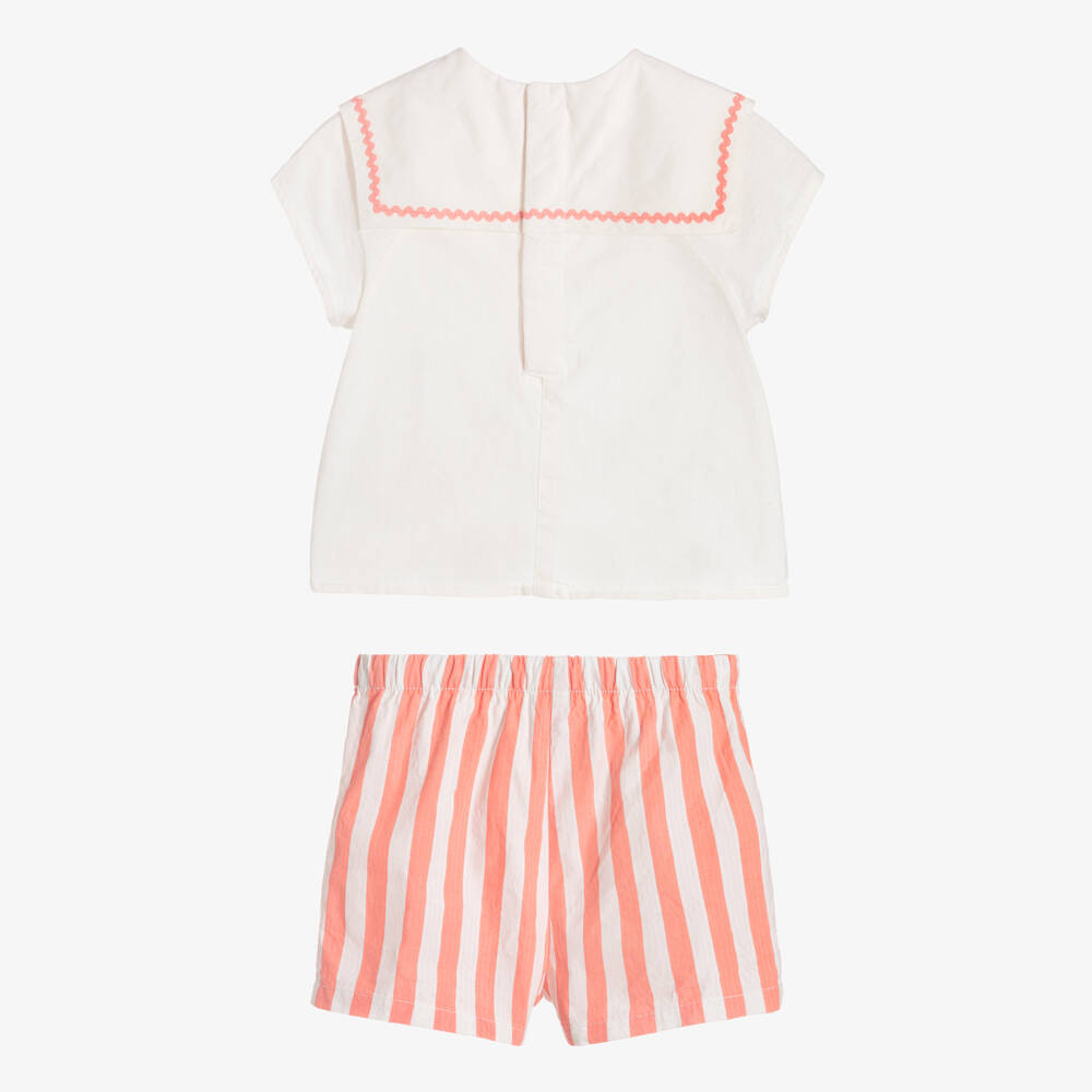 Petit Bateau-Girls Pink & Ivory Striped Cotton Shorts Set | Childrensalon