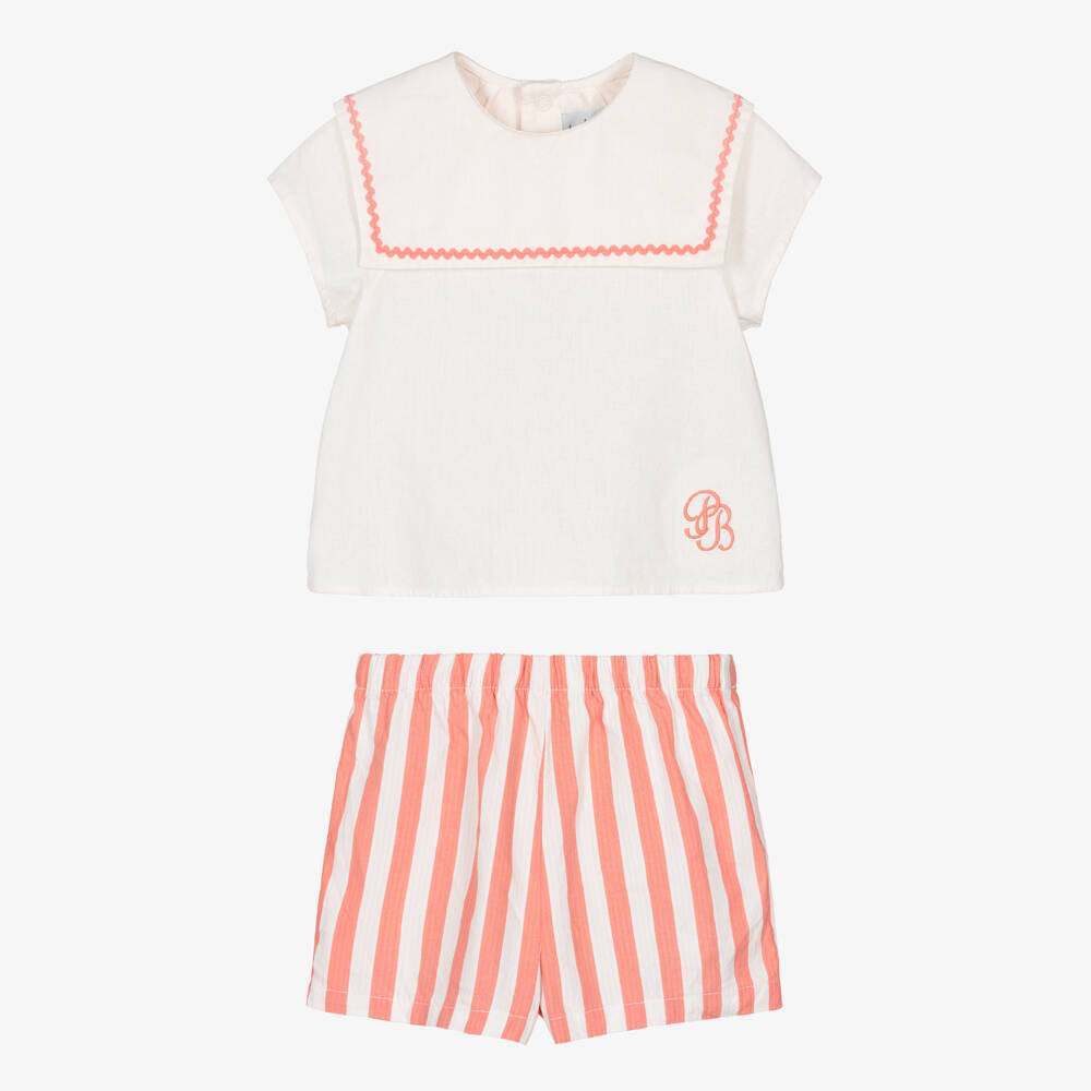 Petit Bateau-Girls Pink & Ivory Striped Cotton Shorts Set | Childrensalon