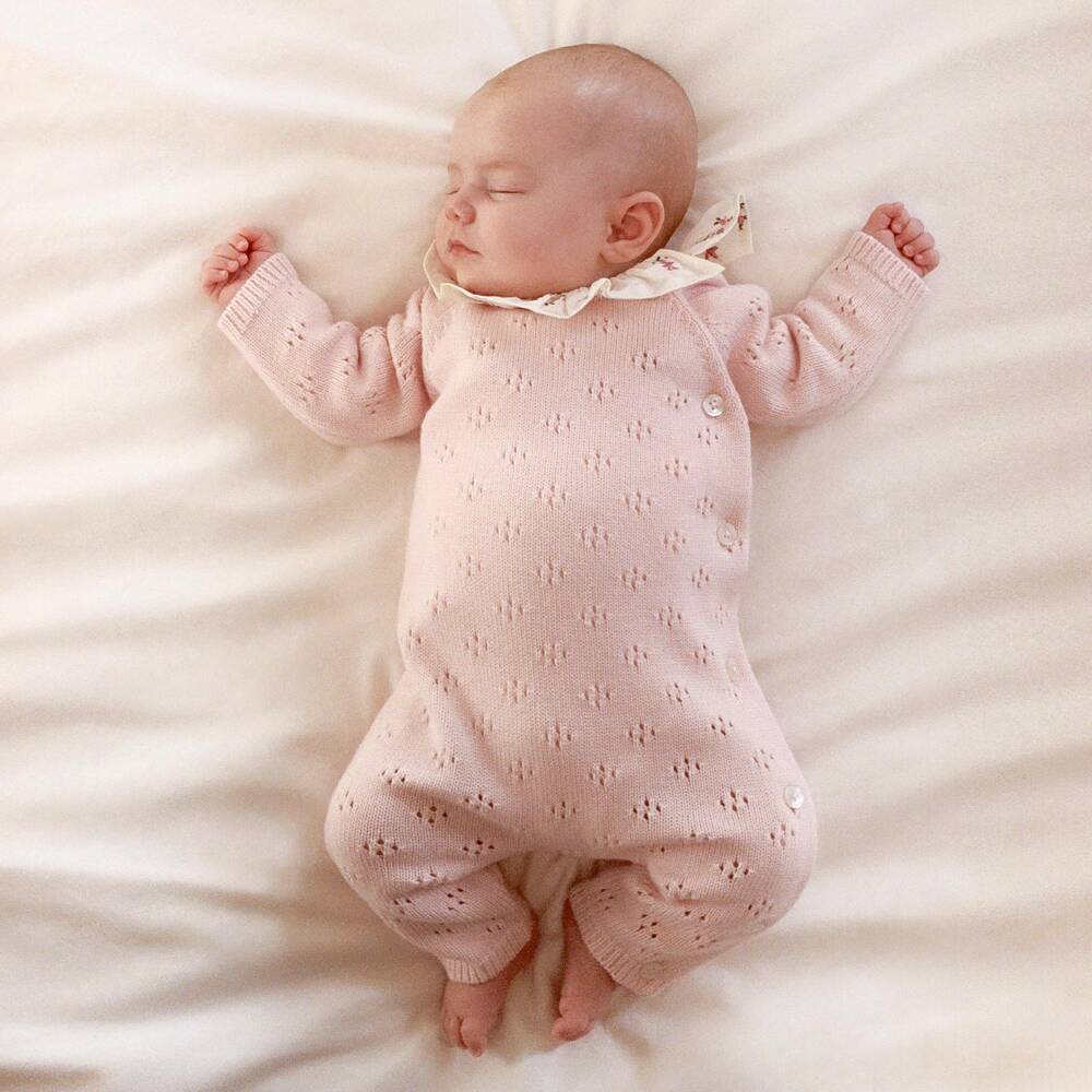 Petit Bateau-Girls Pink Pointelle Knit Romper with Ruffle Collar | Childrensalon
