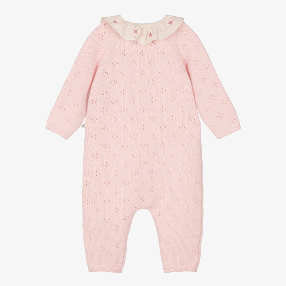 Petit Bateau-Girls Pink Pointelle Knit Romper with Ruffle Collar | Childrensalon