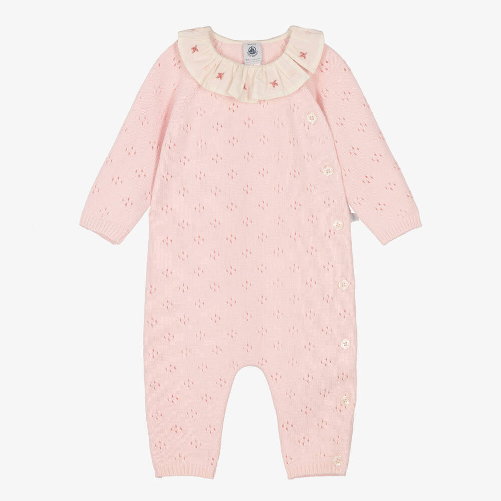 Petit Bateau-Girls Pink Pointelle Knit Romper with Ruffle Collar | Childrensalon