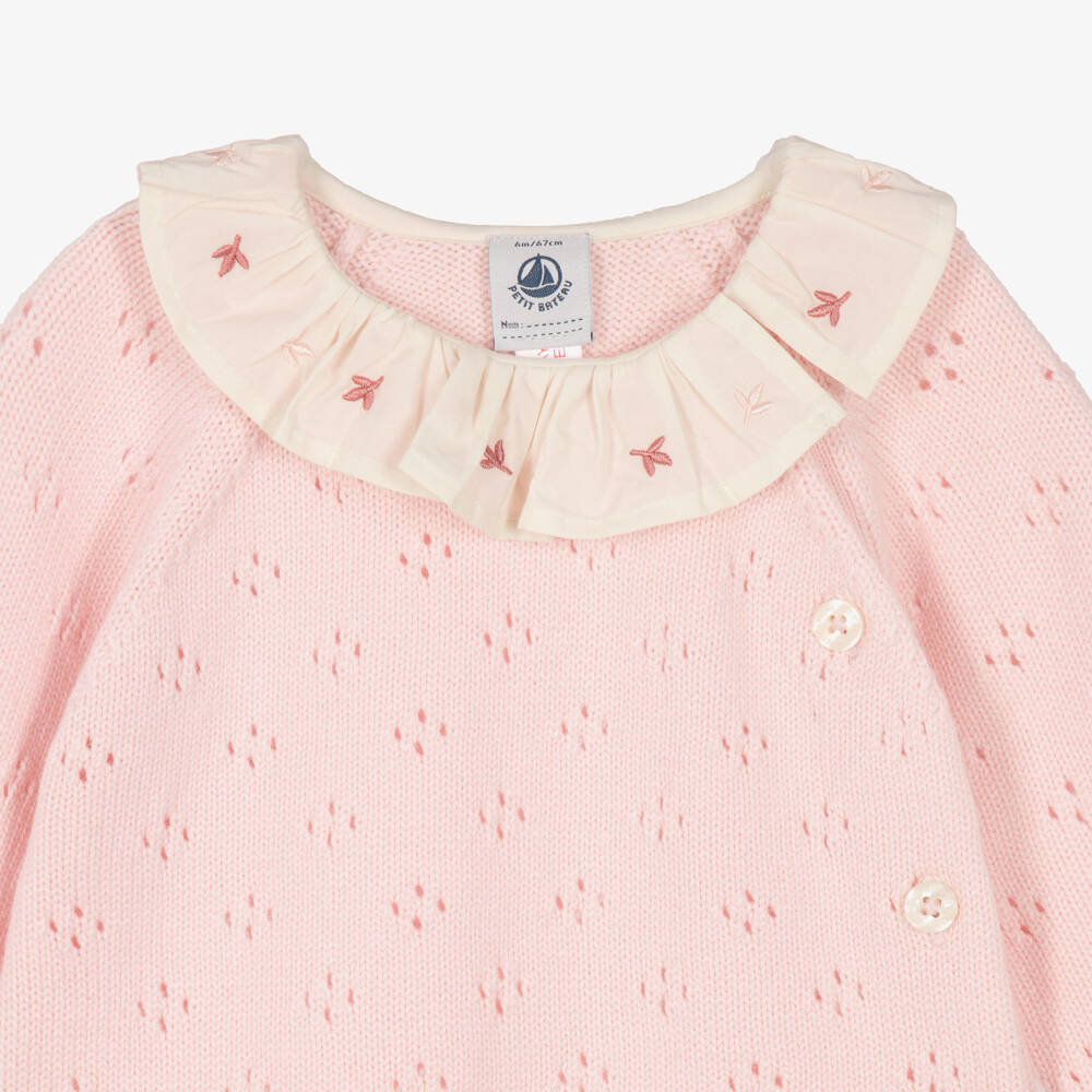 Petit Bateau-Girls Pink Pointelle Knit Romper with Ruffle Collar | Childrensalon