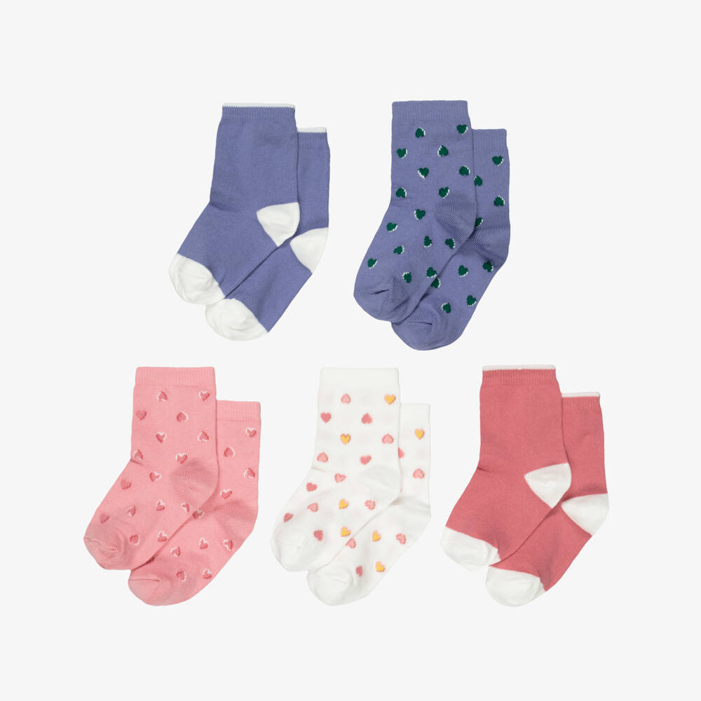 Petit Bateau-Girls Pink & Purple Ankle Socks with Hearts (5 Pack) | Childrensalon