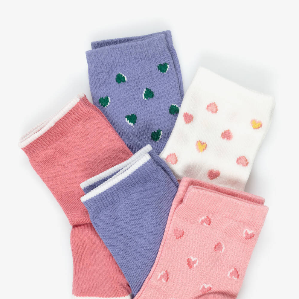 Petit Bateau-Girls Pink & Purple Ankle Socks with Hearts (5 Pack) | Childrensalon