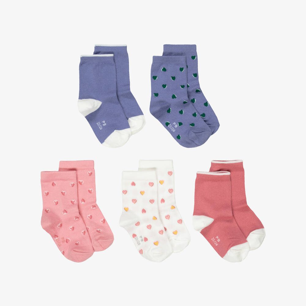 Petit Bateau-Girls Pink & Purple Ankle Socks with Hearts (5 Pack) | Childrensalon