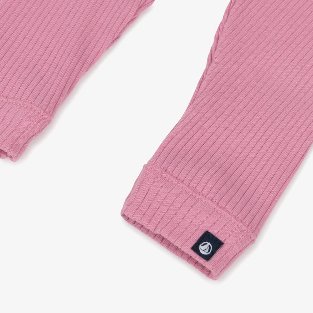 Petit Bateau-Girls Pink Ribbed Cotton Jersey Leggings | Childrensalon