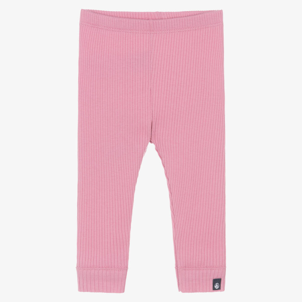 Petit Bateau-Girls Pink Ribbed Cotton Jersey Leggings | Childrensalon