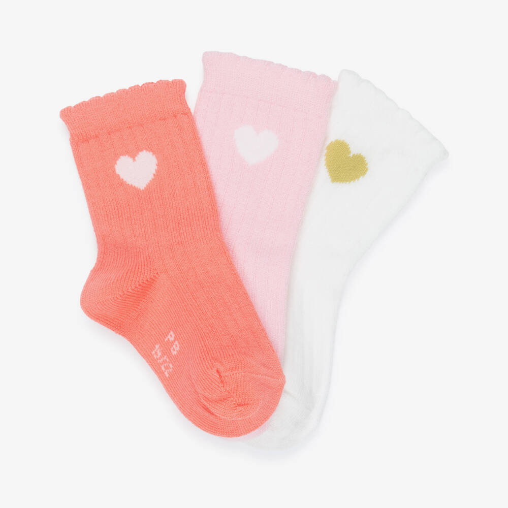 Petit Bateau-Girls Pink & White Hearts Ankle Socks (3 Pack) | Childrensalon
