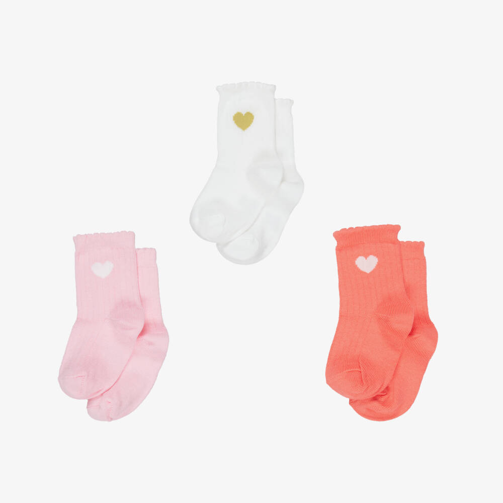 Petit Bateau-Girls Pink & White Hearts Ankle Socks (3 Pack) | Childrensalon