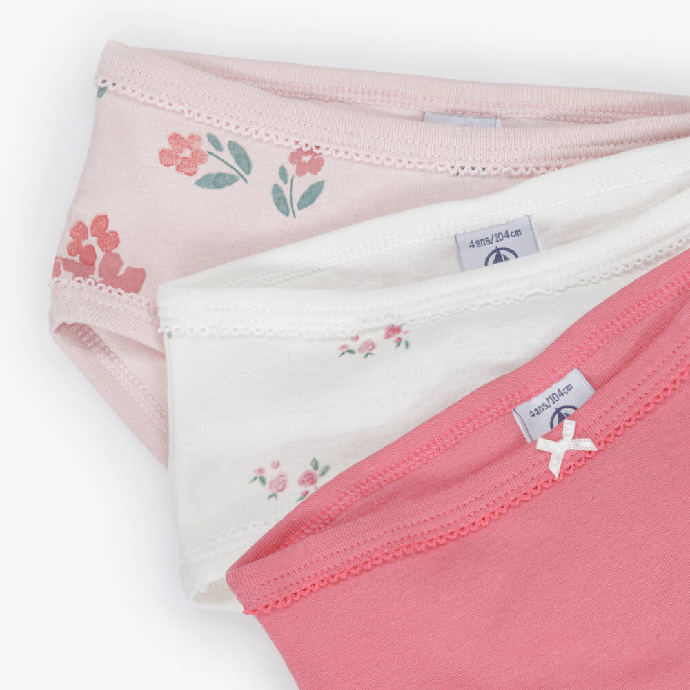 Petit Bateau-Girls Pink & White Organic Cotton Floral Knickers (3 Pack) | Childrensalon