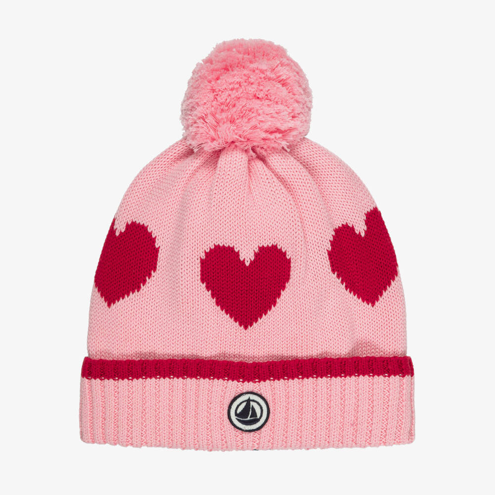 Petit Bateau-Girls Pink with Red Hearts Bobble Hat | Childrensalon