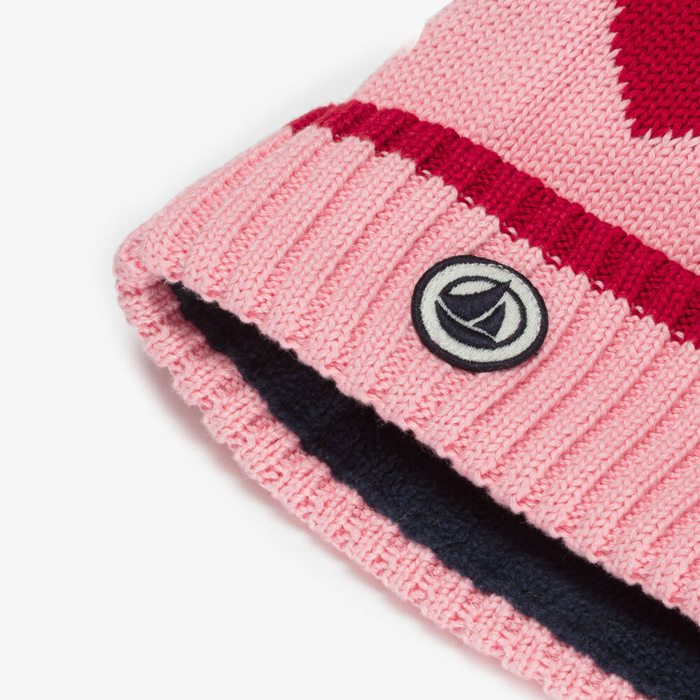 Petit Bateau-Girls Pink with Red Hearts Bobble Hat | Childrensalon