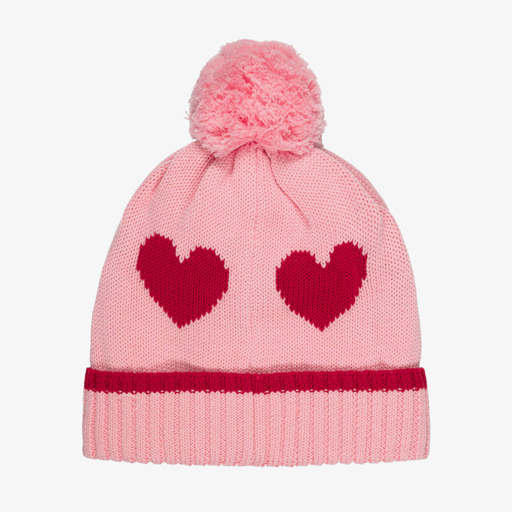 Petit Bateau-Girls Pink with Red Hearts Bobble Hat | Childrensalon