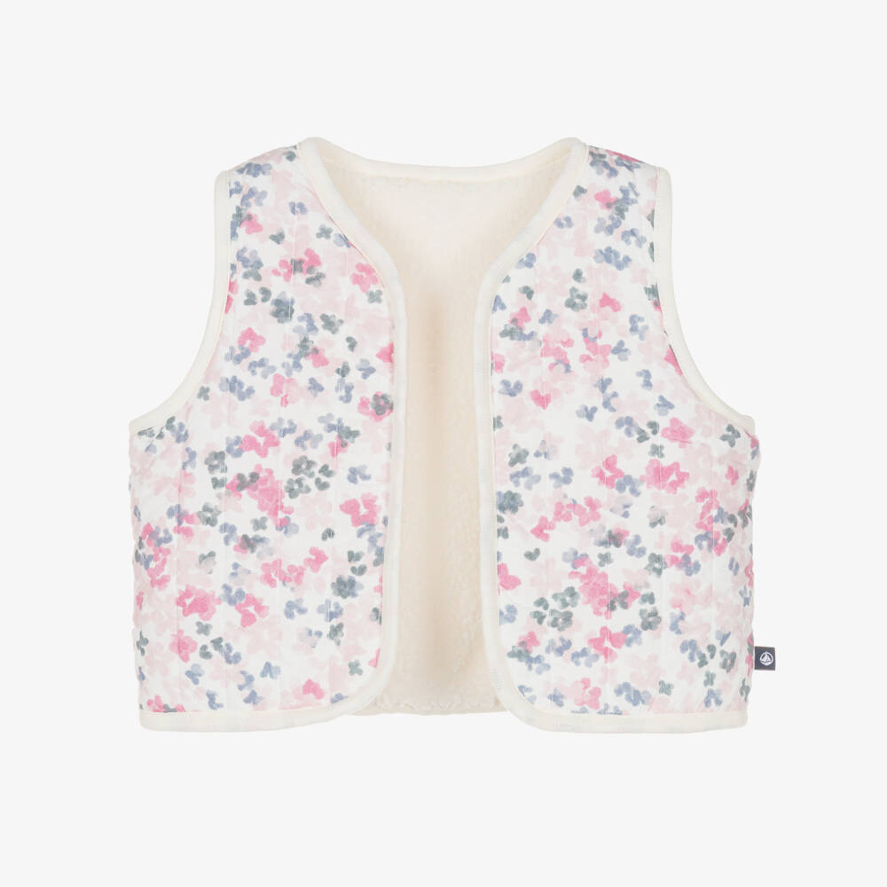 Petit Bateau-Girls Reversible Pink Floral & Sherpa Fleece Waistcoat | Childrensalon