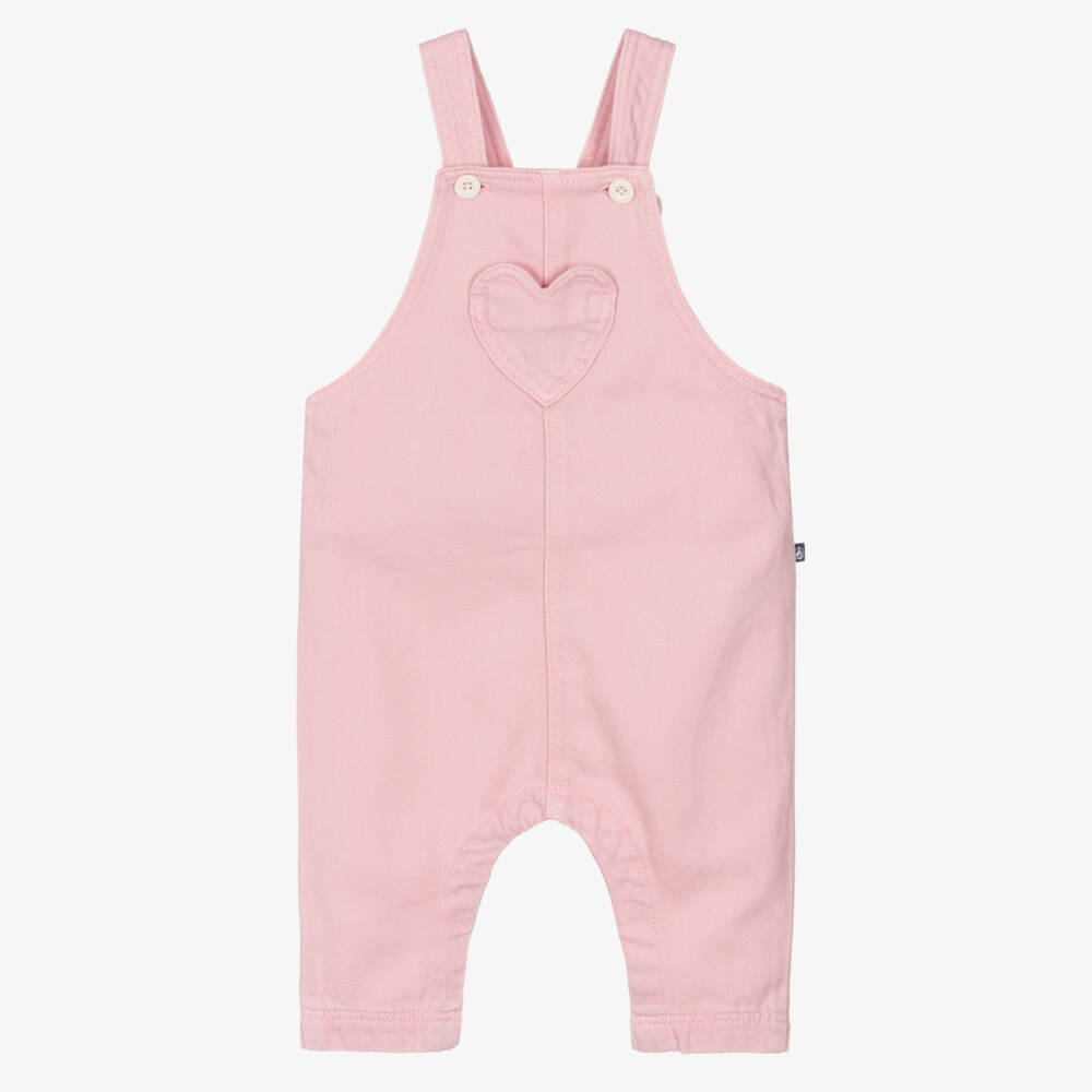 Petit Bateau-Girls Rose Pink Twill Dungarees with Heart Pocket | Childrensalon