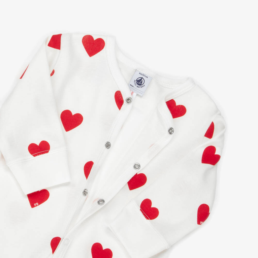 Petit Bateau-Комбинезон белый хлопковый с красными сердечками для девочек | Childrensalon