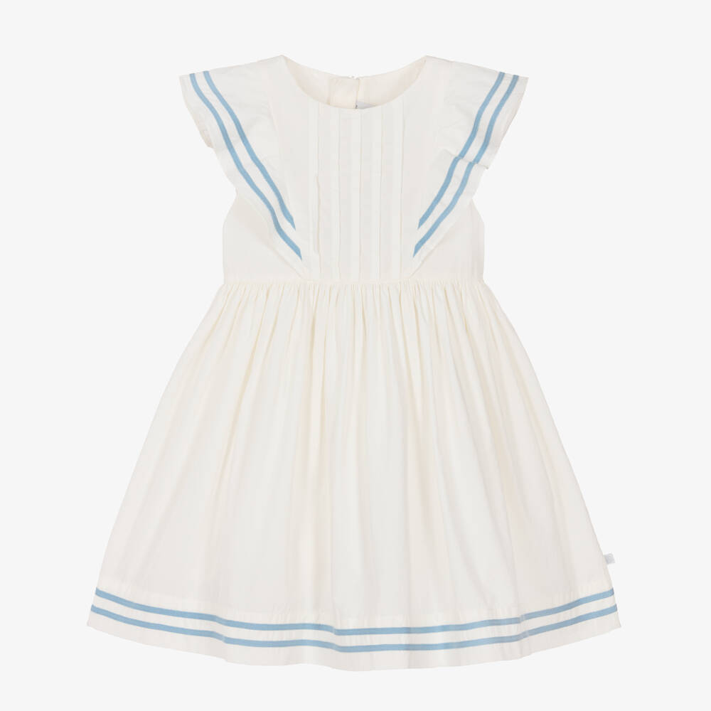 Petit Bateau-Girls White Cotton Dress with Striped Blue Trim | Childrensalon