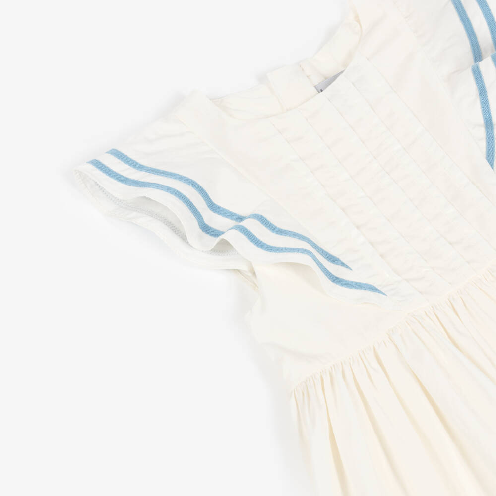 Petit Bateau-Girls White Cotton Dress with Striped Blue Trim | Childrensalon
