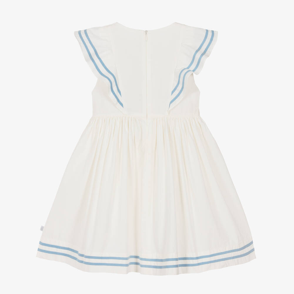 Petit Bateau-Girls White Cotton Dress with Striped Blue Trim | Childrensalon