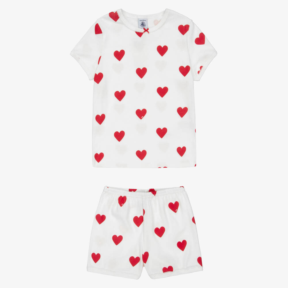 Petit Bateau-Короткие пижамы из белого хлопка для девочек с красными сердцами | Childrensalon