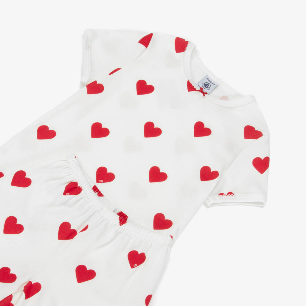 Petit Bateau-Короткие пижамы из белого хлопка для девочек с красными сердцами | Childrensalon