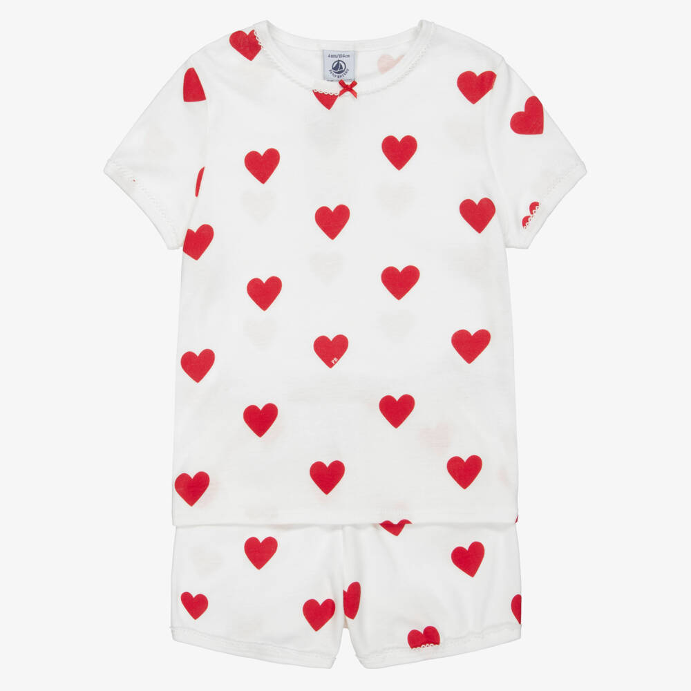 Petit Bateau-Girls White Cotton Short Pyjamas with Red Hearts | Childrensalon