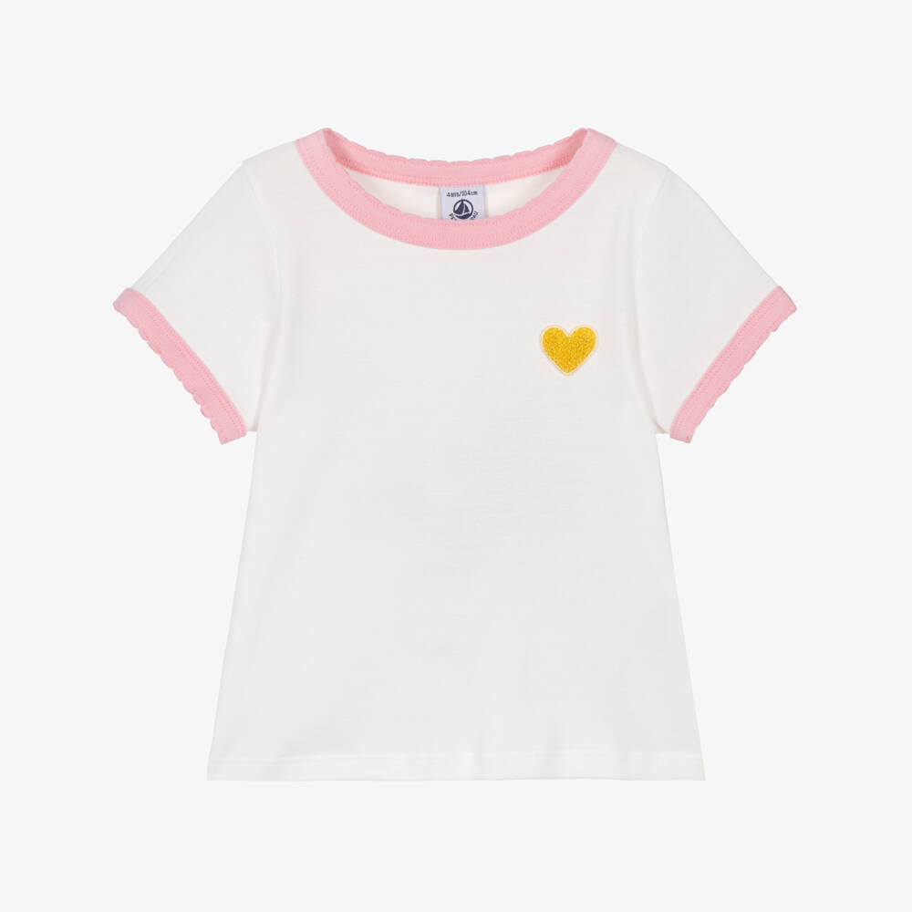 Petit Bateau-Girls White Cotton T-Shirt with Yellow Heart Motif | Childrensalon