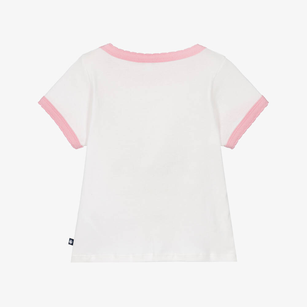 Petit Bateau-Girls White Cotton T-Shirt with Yellow Heart Motif | Childrensalon