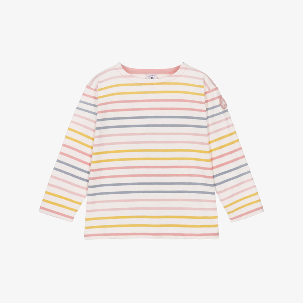 Petit Bateau-Girls White Long Sleeved Top with Pastel Breton Stripes | Childrensalon