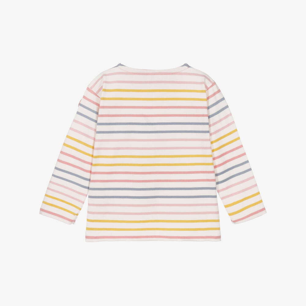 Petit Bateau-Girls White Long Sleeved Top with Pastel Breton Stripes | Childrensalon