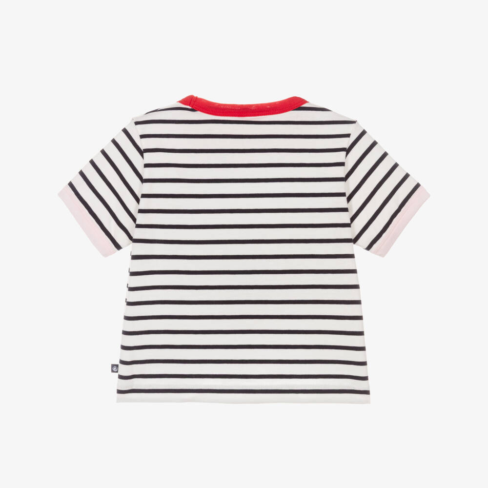 Petit Bateau-Girls White & Navy Blue Breton Stripe Cotton Jersey T-Shirt | Childrensalon