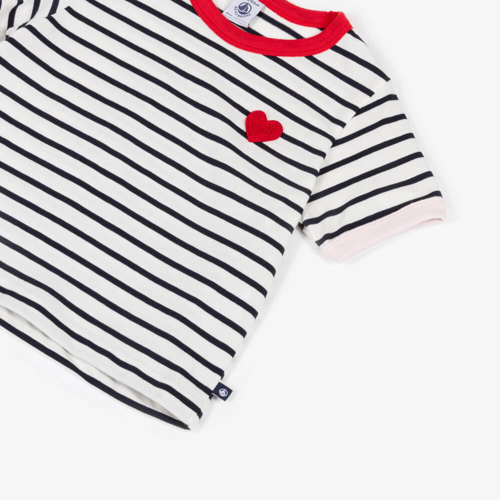Petit Bateau-Girls White & Navy Blue Breton Stripe Cotton Jersey T-Shirt | Childrensalon