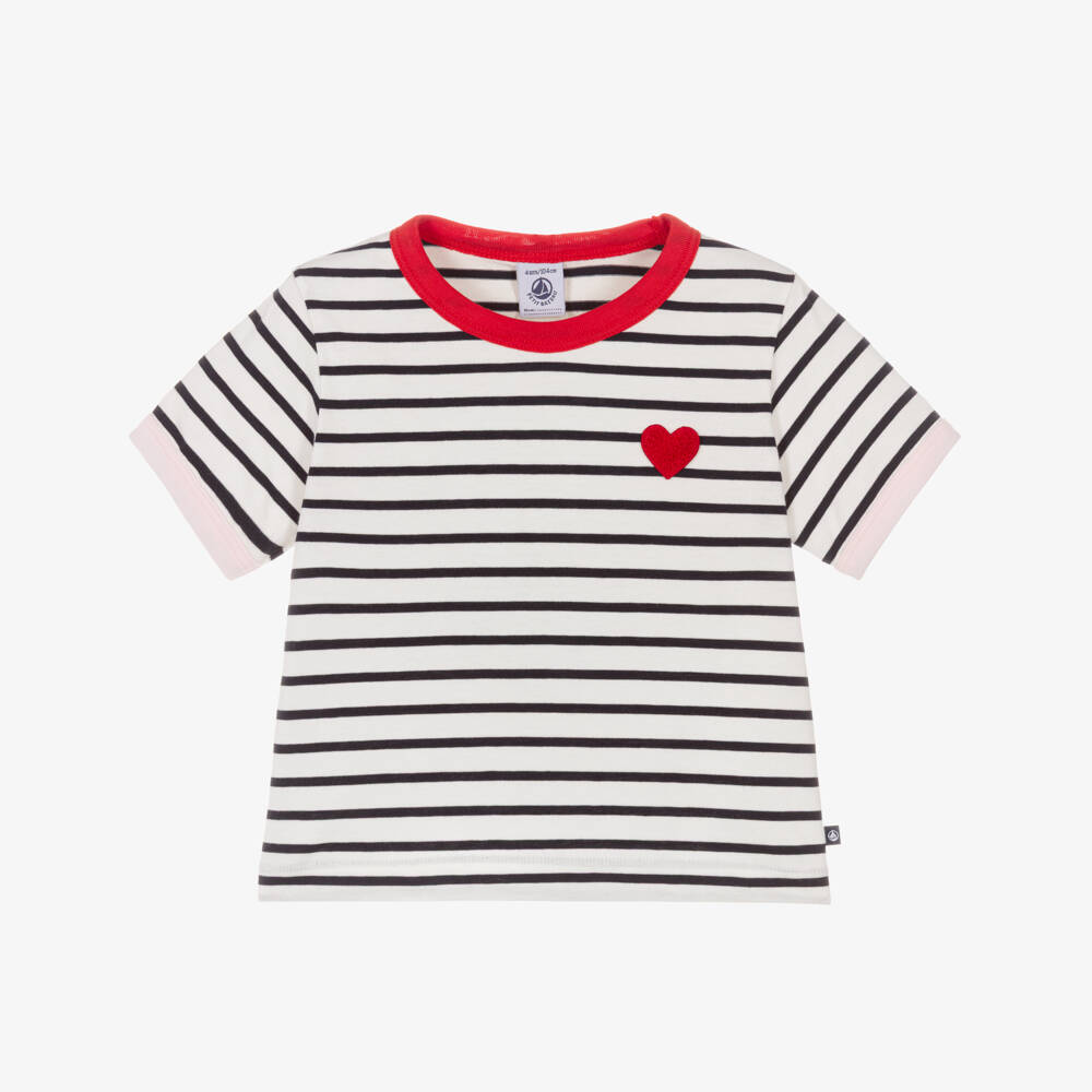 Petit Bateau-Girls White & Navy Blue Breton Stripe Cotton Jersey T-Shirt | Childrensalon