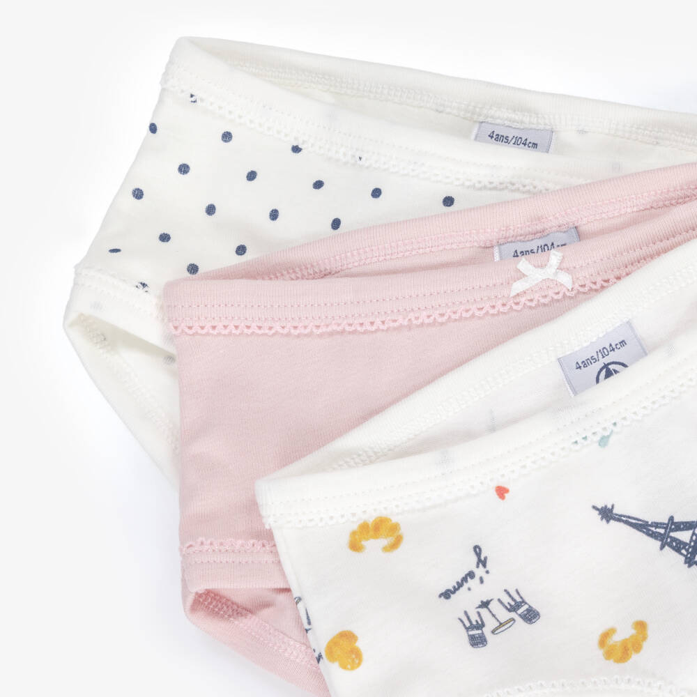 Petit Bateau-Girls White & Pink Organic Cotton Paris Knickers (3 Pack) | Childrensalon