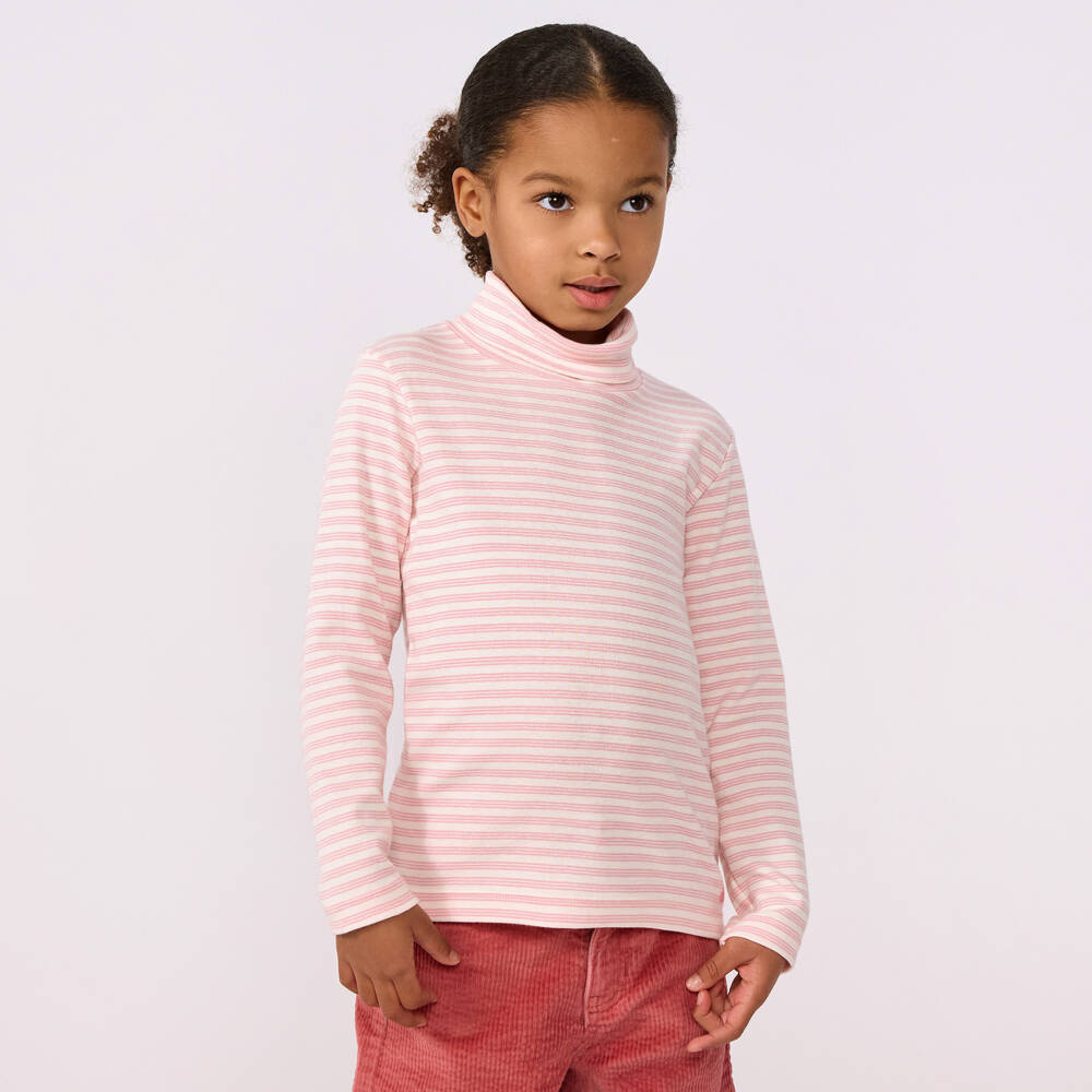 Petit Bateau-Girls White & Pink Striped Cotton Roll Neck Top | Childrensalon