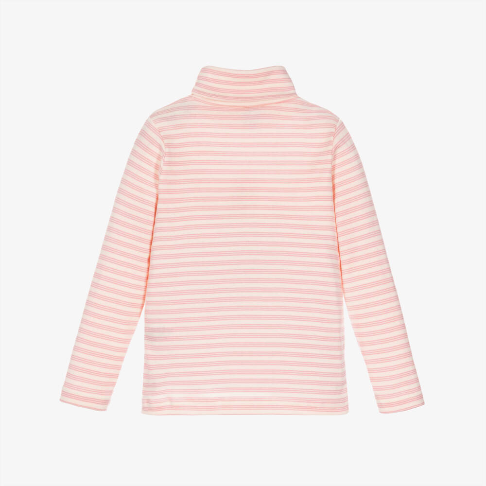 Petit Bateau-Girls White & Pink Striped Cotton Roll Neck Top | Childrensalon