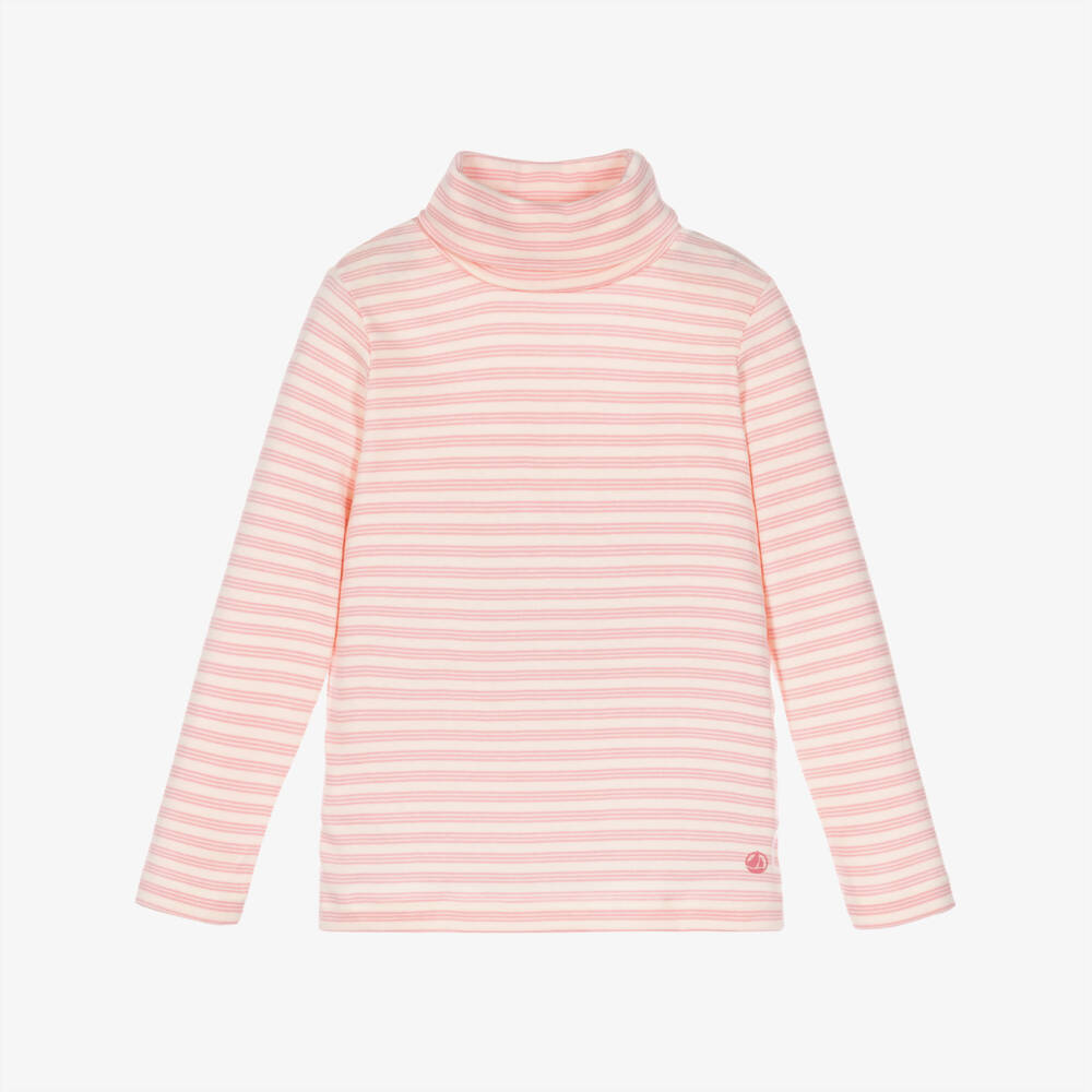 Petit Bateau-Girls White & Pink Striped Cotton Roll Neck Top | Childrensalon