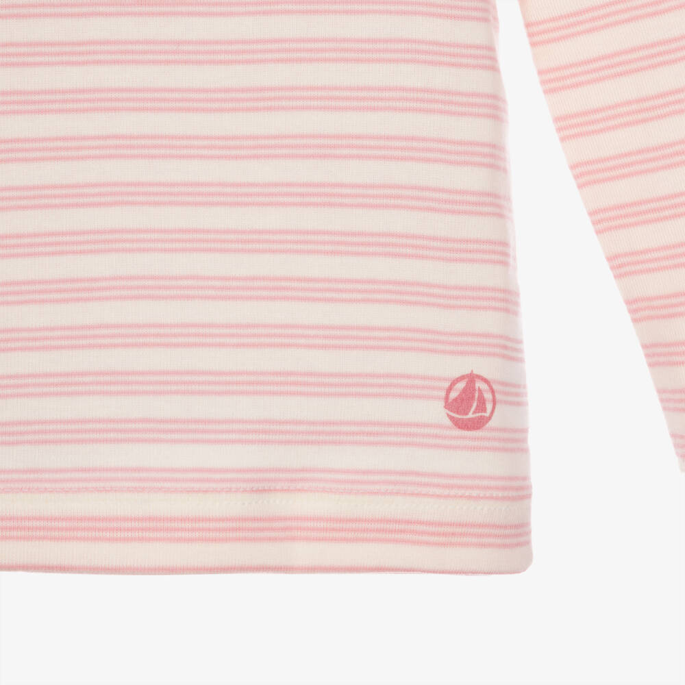 Petit Bateau-Girls White & Pink Striped Cotton Roll Neck Top | Childrensalon