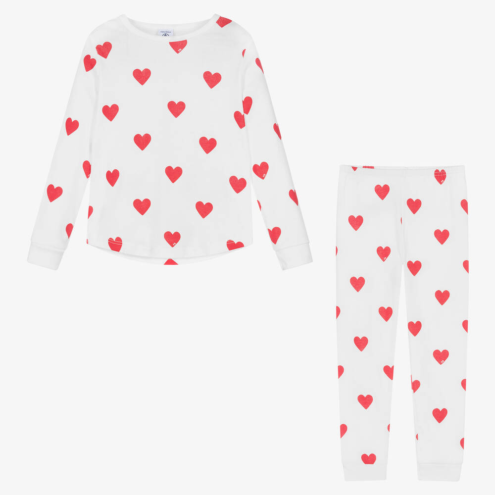 Petit Bateau-Girls White & Red Organic Cotton Pyjamas | Childrensalon