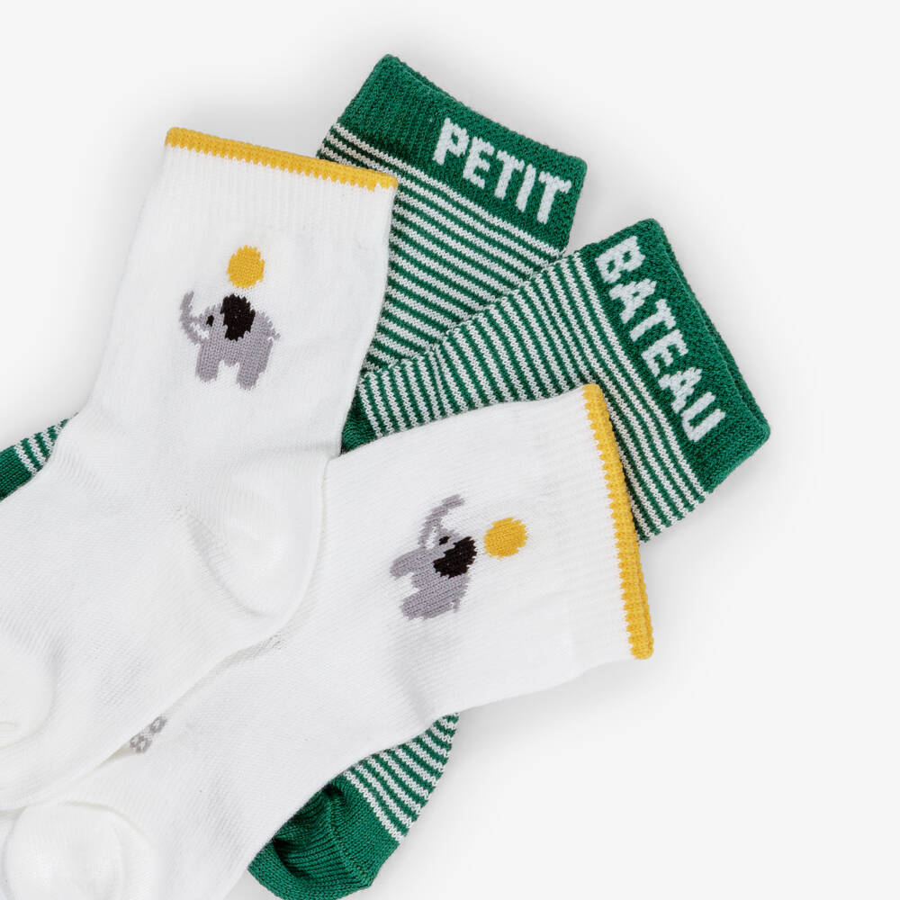 Petit Bateau-Green & White Cotton Socks (2 Pack) | Childrensalon