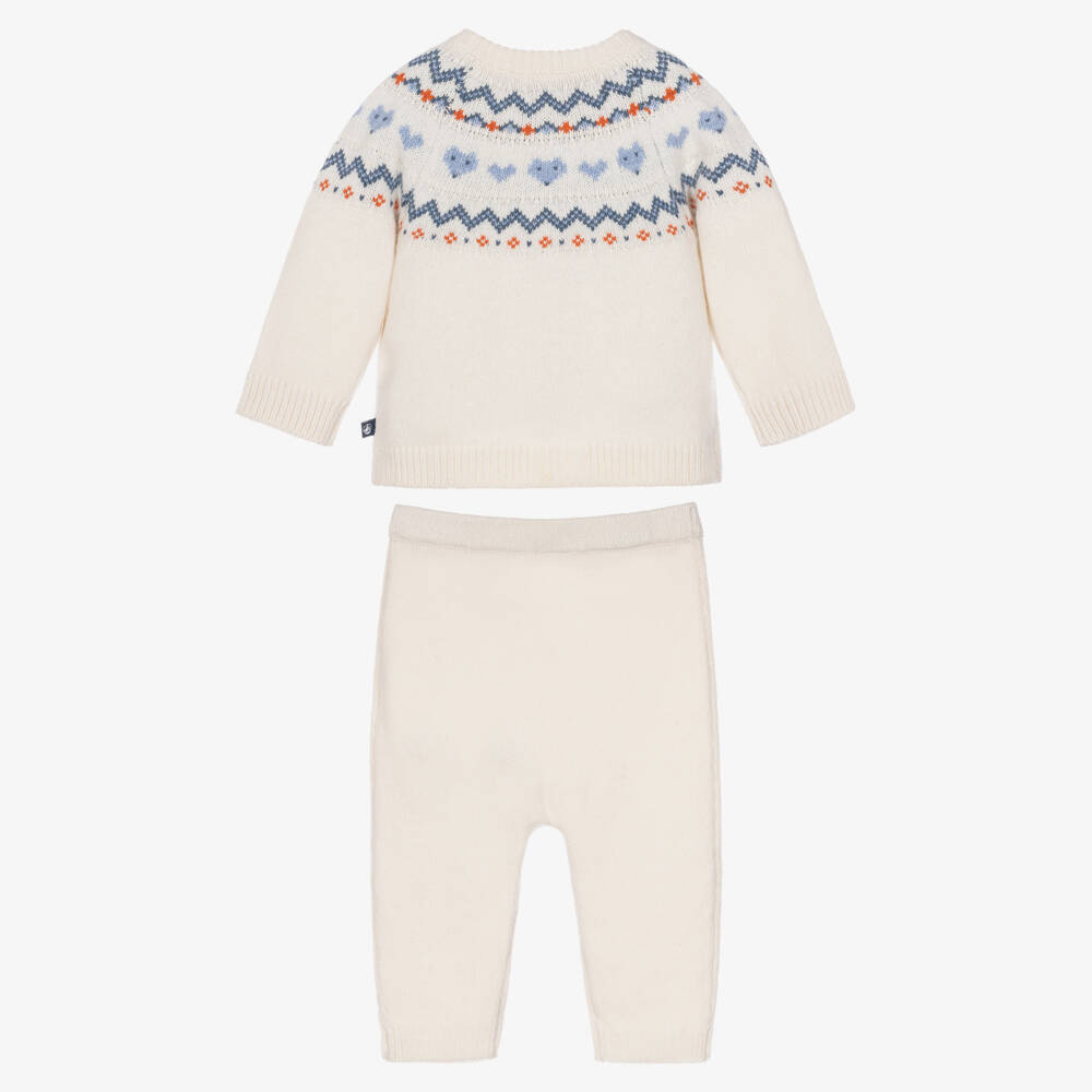 Petit Bateau-Ivory & Blue Jacquard Knit Trouser Set | Childrensalon